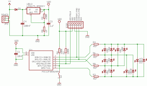 Schematic layout of circuit. Note that in the real thing I added a couple of DIP switches in the GP0 & GP1 lines just before the resistors R4 & R5 to isolate the ICSP lines when programming.